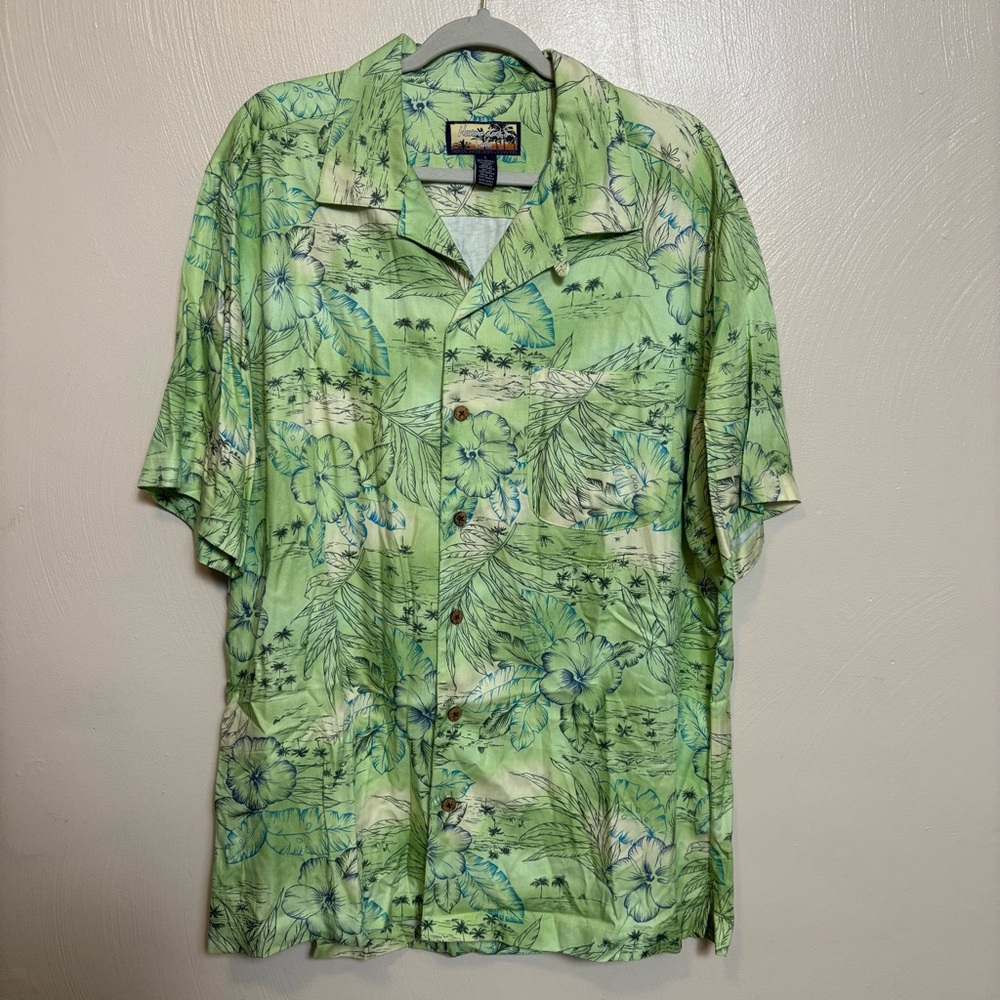 Havana Jack's Cafe Men's Button Down Shirt Short Sleeve‎ Hawaiian Green Large